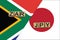 South Africa and Japan currencies codes on national flags background