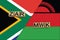 South Africa and Malawi currencies codes on national flags background