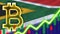 South Africa Realistic Flag with Neon Light Effect Bitcoin Icon Radial Blur Effect Fabric Texture 3D Illustration