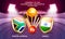 South Africa vs India cricket match poster design with countries flag shields, trophy.