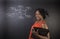 South African or African American woman teacher or student against blackboard idea diagram