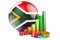 South African flag with growth bar graph and pie chart. Business, finance, economic statistics in South Africa concept. 3D