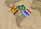 South America continent with flag pins of sovereign states on map