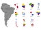 South America. Territories of countries on South America continent. Separate countries with flags. List of countries in South Amer
