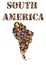 South America word and geographical shaped with coffee beans background