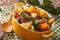 South American cuisine: thick soup Pouchero close-up in a pot. h