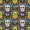 South american Day of the Dead background of ethnic sugar skulls, marigold flowers and traditional mexican maracas