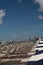 South Beach Miami: white and blue striped umbrellas and sunbeds on the beach. Beach life, vacation, holiday mood