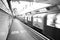 South Bound London Underground train arriving at King Cross St Pancras station