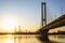 South bridge, Kyiv, Ukraine. Kyiv bridge over the Dnipro river against the backdrop of a beautiful sunset