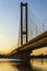 South bridge, Kyiv, Ukraine. Kyiv bridge over the Dnipro river against the backdrop of a beautiful sunset. Evening sun