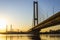 South bridge, Kyiv, Ukraine. Kyiv bridge over the Dnipro river against the backdrop of a beautiful sunset. Evening sun