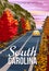 South Carolina travel vintage poster, autumn road, car. Retro illustration