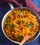 South Indian tamarind rice in a steel pan