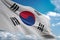 South Korea national flag waving blue sky background realistic 3d illustration