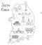 South Korea outline doodle illustrated map. The most famous Korean landmarks, temples and buildings.