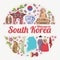 South Korea travel poster in circle. Korea Journey banner with korean objects