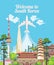 South Korea travel poster with korean city. Korea Journey banner with korean objects