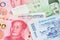 South Korea Won and China Yuan Renminbi currency banknotes.