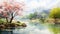 South Korean Watercolor: Tranquil Spring Scenery In An Asian Village