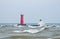 South Pier and Lighthouse Pier in Sheboygan Wisconsin with High Choppy Water