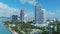 South Pointe Park in Miami Beach. Buildings along the beach, aerial view