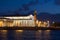 South Rostral column and stock Exchange building summer night. The spit of Vasilyevsky island, St. Petersburg