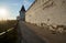 South stone defensive wall and South-eastern round tower of Tobolsk Kremlin. Tobolsk. Russia