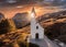 South Tyrol, Italy - The setting sun is shinning through the Chapel of San Maurizio Cappella Di San Maurizio at Passo Gardena