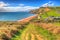 South west coast path Eype Dorset Jurassic coast in bright colourful HDR south of Bridport and near West Bay England UK hdr