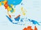 Southeast Asia map - 4 bright color scheme. High detailed political map of southeastern region with country, ocean and