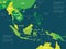 Southeast Asia map - green hue colored on dark background. High detailed political map of southeastern region with