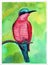 Southern Carmine Bee-eater bird colorful turquoise pink red green nature postcard blue watercolor illustration