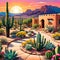 Southern desert cactus home landscape colorful evening sunset