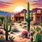 Southern desert xeriscape home cactus flowers yellow sunset