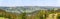 Southern Poland hills, plains wide high resolution panorama shot, landscape. Forests, plains and houses in the distance, nobody