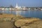 Southest India city Kanyakumari from long stones pier