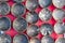 Souvenir bowls for tourists at street market in Thailand. Bowls that make from coconut shell, top view