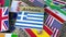 Souvenir magnet or badge with Athens text and national flag among different ones. Traveling to Greece conceptual 3D