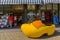 Souvenir shop with gigantic yellow clog in front of the shop window, Delft, Netherlands