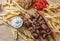 Souvlaki dish, Greek meat food. Grilled skewers and pita bread on wooden table, overhead