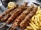 Souvlaki greek etnic food mear roasted in a plate