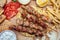 Souvlaki, meat skewers, traditional greek turkish meat food on pita bread, tzatziki sauce and potatoes