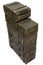 Soviet army ammunition stack of green crates. Text in russian - type of ammunition, projectile caliber, projectile type, number of