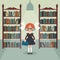 Soviet cartoon schoolgirl in library.