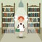 Soviet cartoon schoolgirl in library.