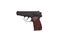 Soviet classic semi-automatic 9mm pistol. Police and military weapons. Black PM pistol with brown grip isolate on white back