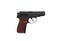 Soviet classic semi-automatic 9mm pistol. Police and military weapons. Black PM pistol with brown grip isolate on white back
