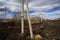 Soviet electric poles in desolate burnt land