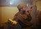 Soviet times military Soldier with Phone in the headquarters bunker